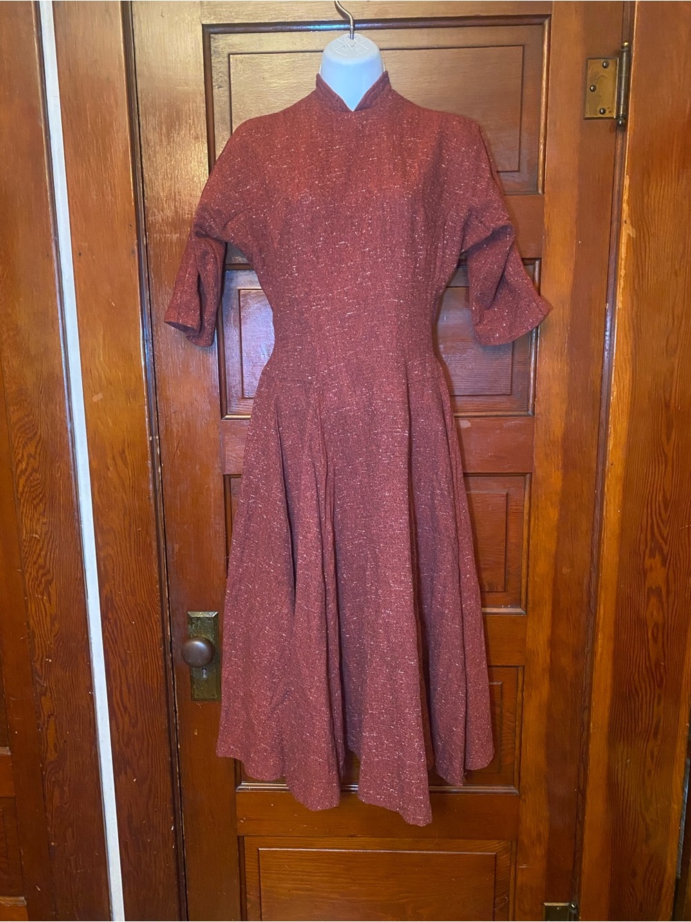 EUC True Vintage 1950s Tailored Rust Red Wool Fit-and-Flare Midi Traveling Dress